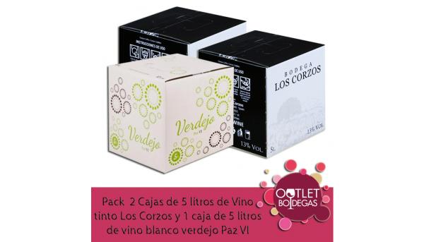 Pack  2 Cajas de 5 litros de Vino tinto Los Corzos y 1 caja de 5 litros de vino blanco verdejo Paz VI