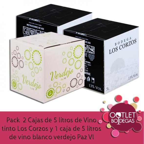Pack  2 Cajas de 5 litros de Vino tinto Los Corzos y 1 caja de 5 litros de vino blanco verdejo Paz VI